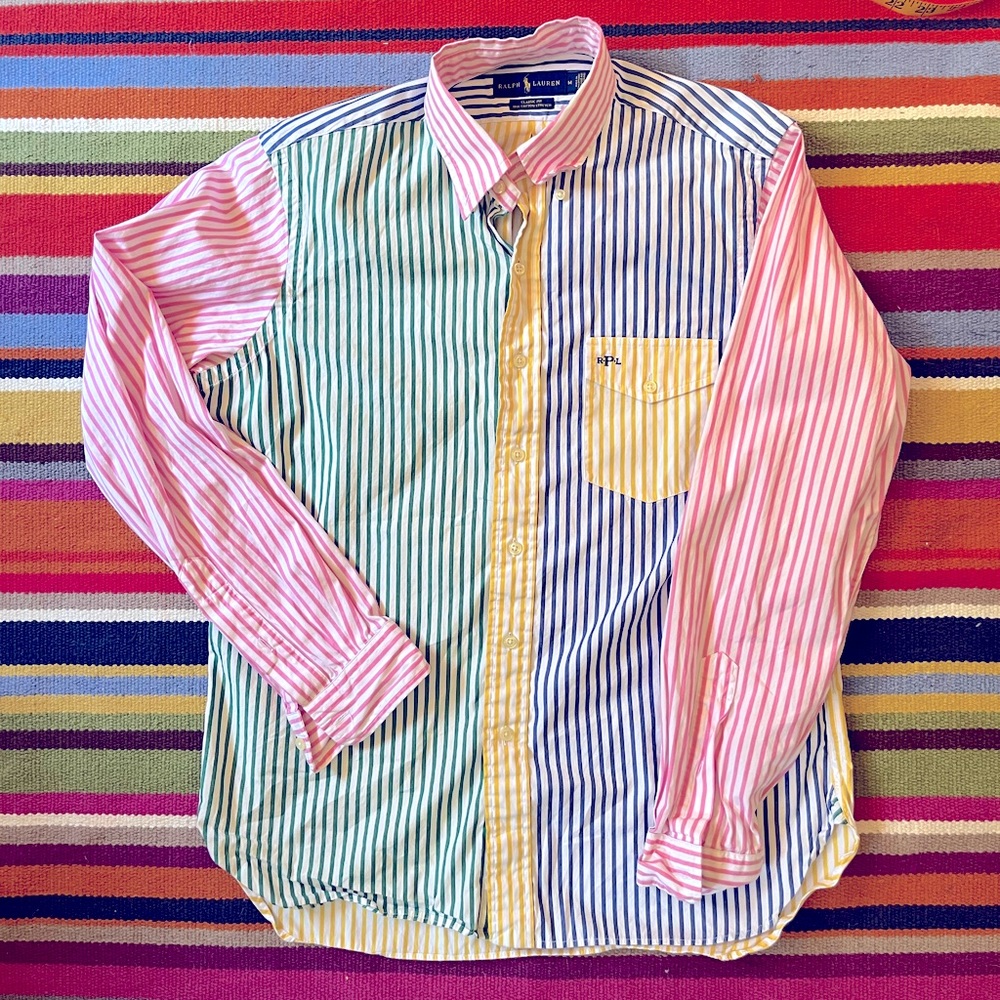 Multicolor striped block print polo